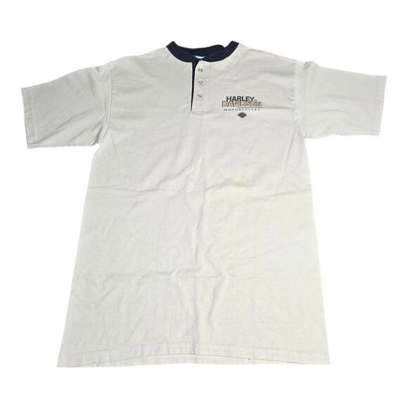 Vintage Harley Davidson Las Vegas Henley Shirt Beige Black Collar 90s Large USA - Picture 1 of 7